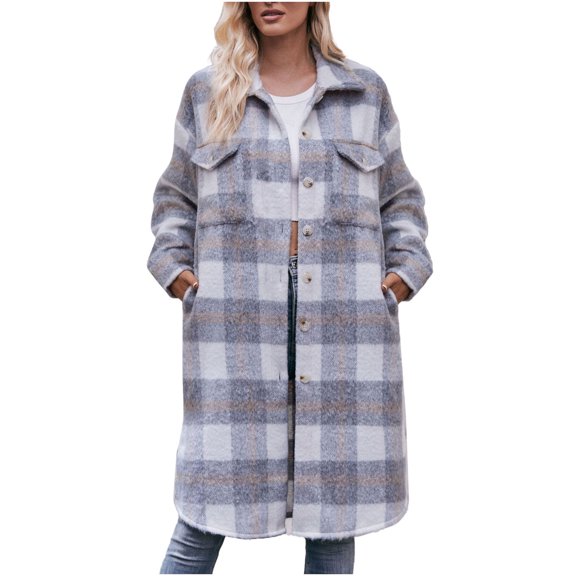 Herrnalise Womens Flannel Shacket Jacket Casual Plaid Wool Blend Button Down Long Sleeve Shirt Fall Clothes Outfits 2024 Gray,L
