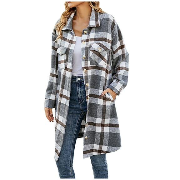 Herrnalise Womens Flannel Shacket Jacket Casual Plaid Wool Blend Button Down Long Sleeve Shirt Fall Clothes Outfits 2024 Gray,S