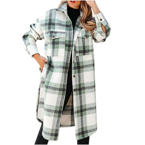 Herrnalise Womens Flannel Shacket Jacket Casual Plaid Wool Blend Button Down Long Sleeve Shirt Fall Clothes Outfits 2024 Green,S