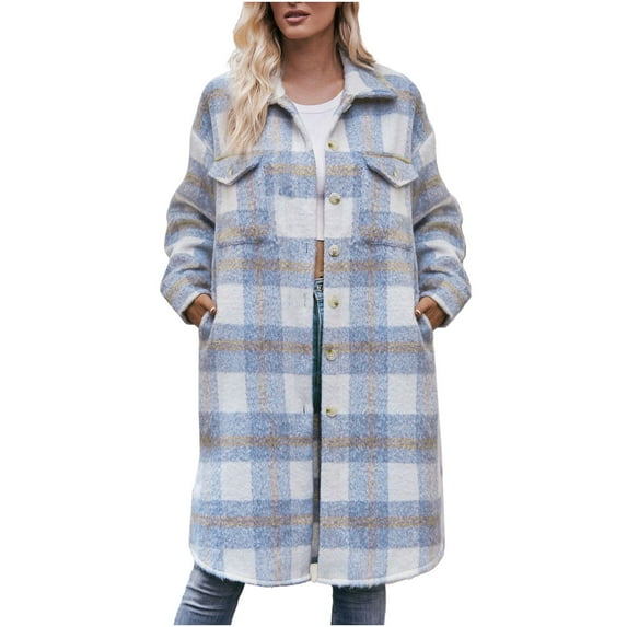Herrnalise Womens Flannel Shacket Jacket Casual Plaid Wool Blend Button Down Long Sleeve Shirt Fall Clothes Outfits 2024 Light Blue,S