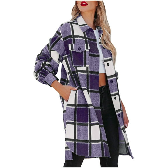Herrnalise Womens Flannel Shacket Jacket Casual Plaid Wool Blend Button Down Long Sleeve Shirt Fall Clothes Outfits 2024 Purple,M