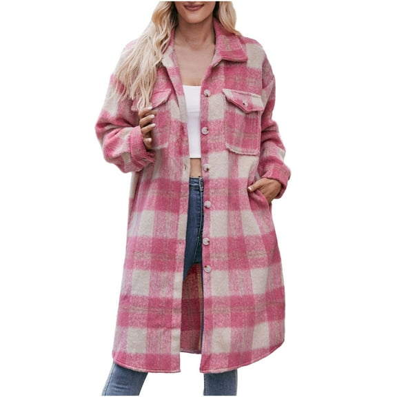 Herrnalise Womens Flannel Shacket Jacket Casual Plaid Wool Blend Button Down Long Sleeve Shirt Fall Clothes Outfits 2024 Red,L