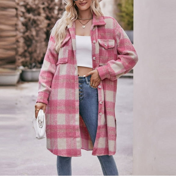 Herrnalise Womens Flannel Shacket Jacket Casual Plaid Wool Blend Button Down Long Sleeve Shirt Fall Clothes Outfits 2024 Red,S