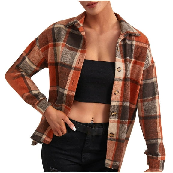 Herrnalise Womens Flannel Shacket Jacket Casual Plaid Wool Blend Button Down Long Sleeve Shirt Fall Clothes Outfits 2024 Wine,XL
