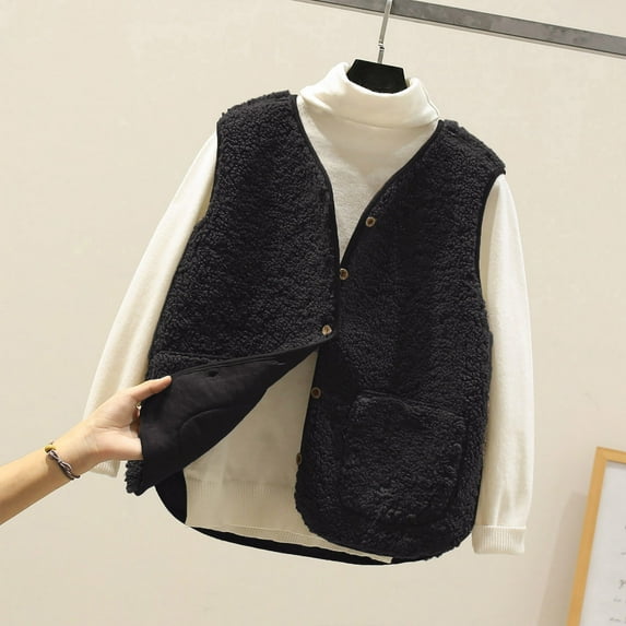 Herrnalise Womens Fuzzy Fleece Vest Clearance Warm Button Down Sherpa Jacket Vest Lamb Wool Casual Fashion Sleeveless Jacket with Pockets