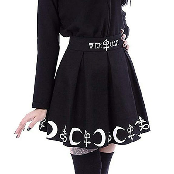SDJMa Womens High Waist Polka Dot Pleated Skirt Women Gothic Punk Witchcraft Moon Spell Symbols Pleated Mini Skirt