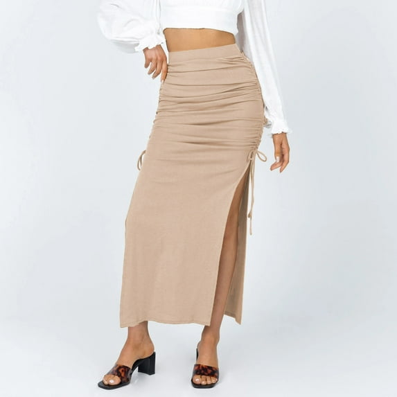 SDJMa Womens High Waist Polka Dot Pleated Skirt Women Sexy Solid Split Fork Slim Drawstring Skirt Knitting Bandage Long Skirt