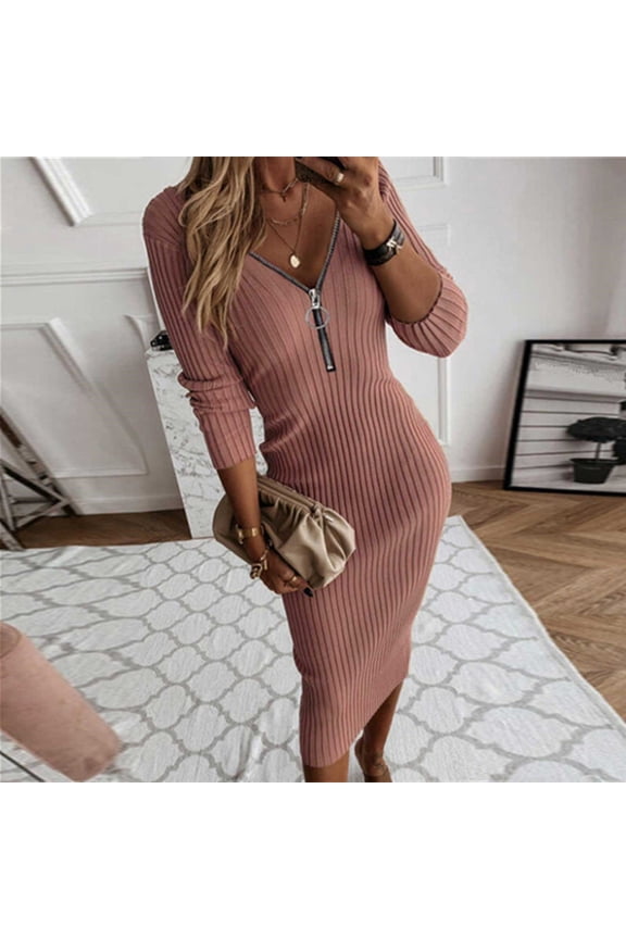 Womens High Waist Polka Dot Pleated Skirt Women Slim Zipper V-neck Long Sleeve Stitching Long Skirt Dress