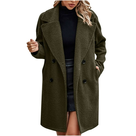 Herrnalise Womens Long Double Breasted Coats Lapel Collar Wool Blend Pea Coat Winter Slim Fit Jackets Trench Coat Outwear Army Green,XL