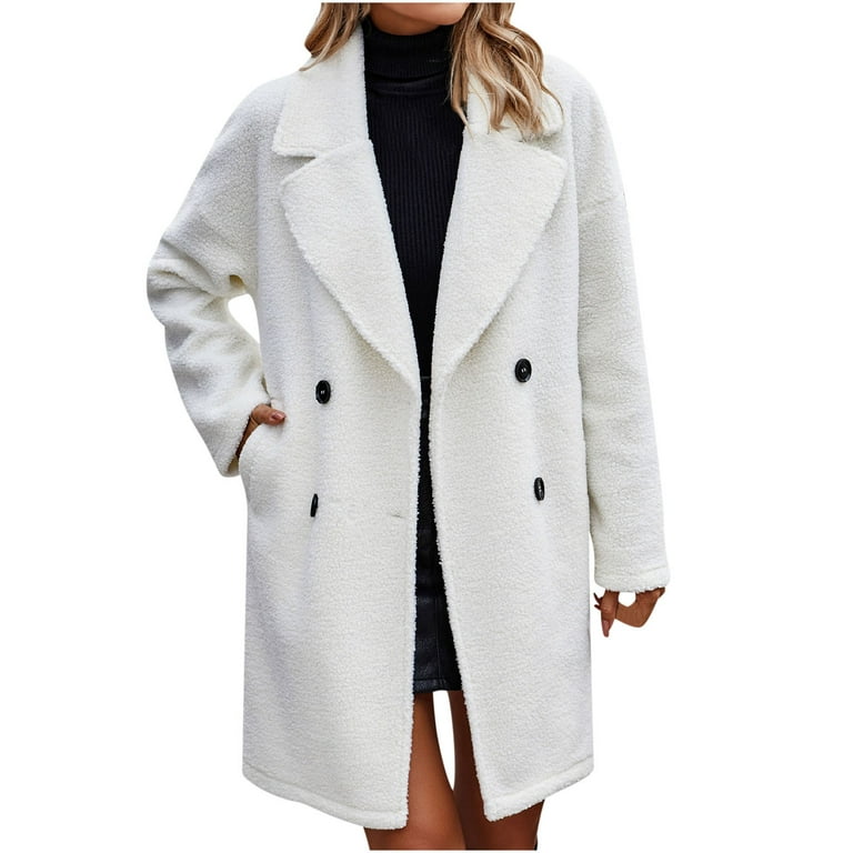 Herrnalise Womens Long Double Breasted Coats Lapel Collar Wool Blend Pea  Coat Winter Slim Fit Jackets Trench Coat Outwear White,M 
