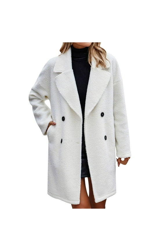 Womens Long Double Breasted Coats Lapel Collar Wool Blend Pea Coat Winter Slim Fit Jackets Trench Coat Outwear White,S