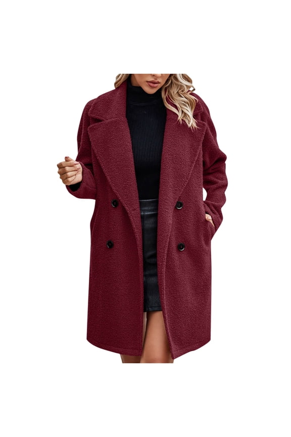 Womens Long Double Breasted Coats Lapel Collar Wool Blend Pea Coat Winter Slim Fit Jackets Trench Coat Outwear Wine,XL