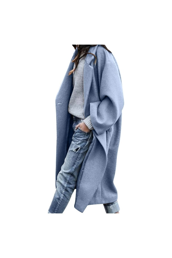 Womens Long Double Breasted Winter Coats Classic Oversized Wool Blend Pea Coat Trench Coat Jackets With Pockets Blue,L