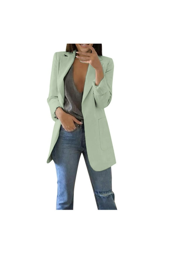 Womens Open Front Long Sleeve Lapel Cardigans Solid Color Casual Work Office Jackets Blazer Jacket with Pockets For Mint Green,L