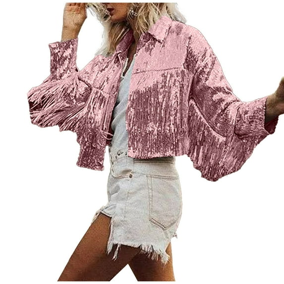 Herrnalise Womens Sequin Jacket Casual Long Sleeve Front Zip Party Bomber Blazer with Pockets Pink,Free Size