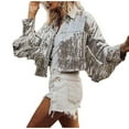 thumbnail image 1 of Herrnalise Womens Sequin Jacket Casual Long Sleeve Front Zip Party Bomber Blazer with Pockets Silver,Free Size, 1 of 4