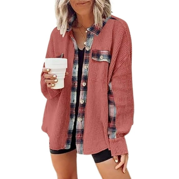 Herrnalise Womens Shackets Waffle Knit Casual Jackets Button Down Flannel Shirts Trendy Tops Fall Clothes 2024 Fashion Outfits Hot Pink,M