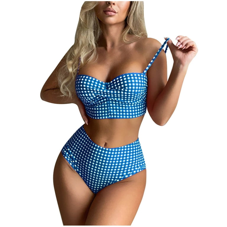 Herrnalise Womens Swimsuits Two Piece Front Cross Plaid Pattern Solid  Backless SplitHigh Waist Bikini Set Sky Blue 