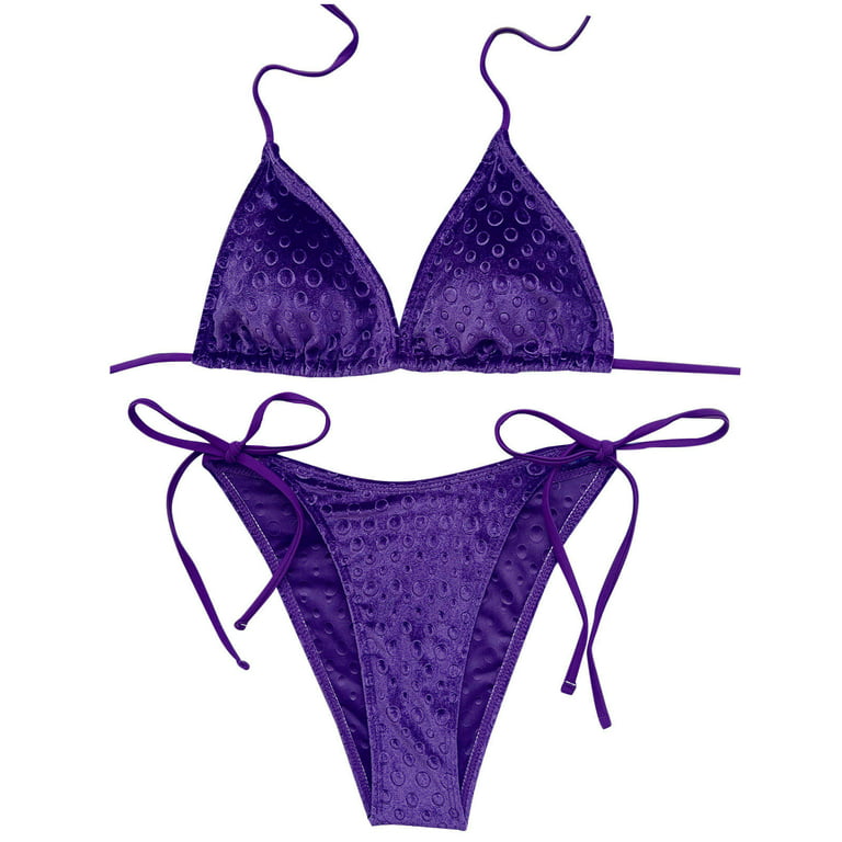 Herrnalise Womens Swimsuits Two Piece Lace Up Solid Color Print Set Filled  Bra Swimwear Beachwear Purple 