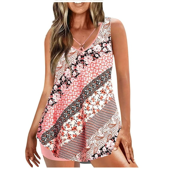 Herrnalise Womens Swimsuits Two Piece Plus Size Conservative Print Bowknot Bathing Set Swimwear Shorts Pink