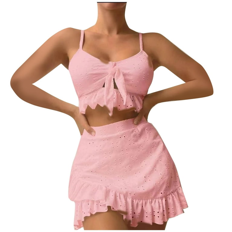 Herrnalise Womens Swimsuits Two Piece Solid Color Lace UpRuffle WrappedHip  Skirt Split Swimwear Set Pink 