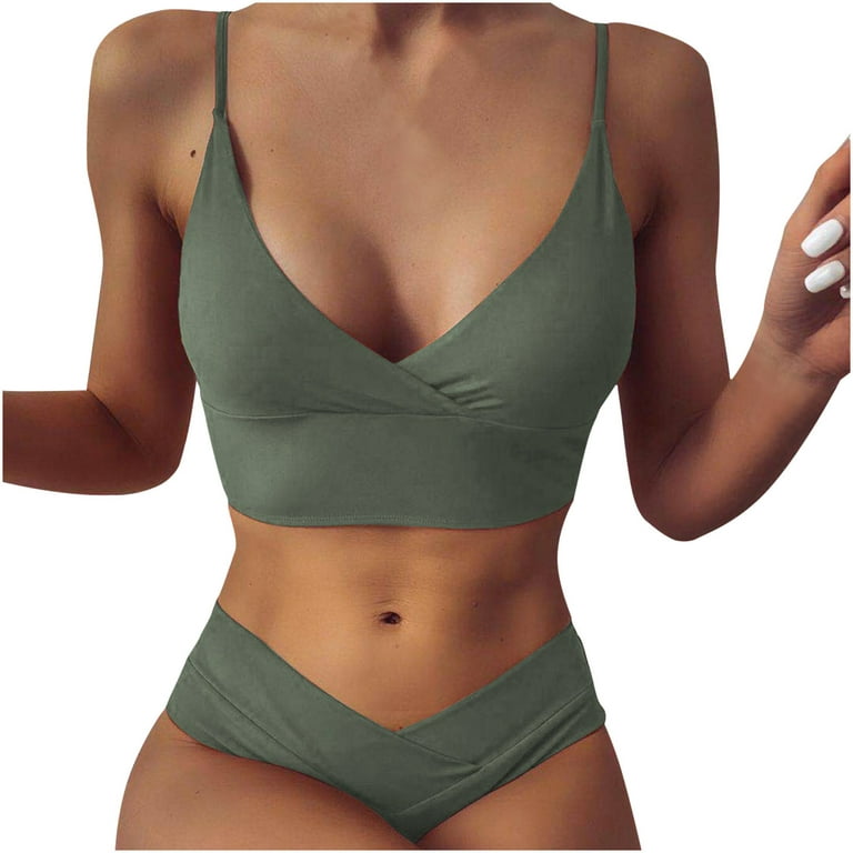 Herrnalise Womens Swimsuits Two Piece with Bra Pad No Steel Quick Drying  Single Wearing Floral Bikini Swimsuit Split Suit Olive Green 
