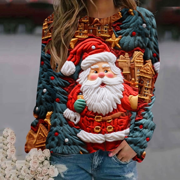 Herrnalise Womens Tops Fashion Pullover Round-Neck Long Sleeve Christmas Printed Blouses Sweatshirt Tops Gifts for Women