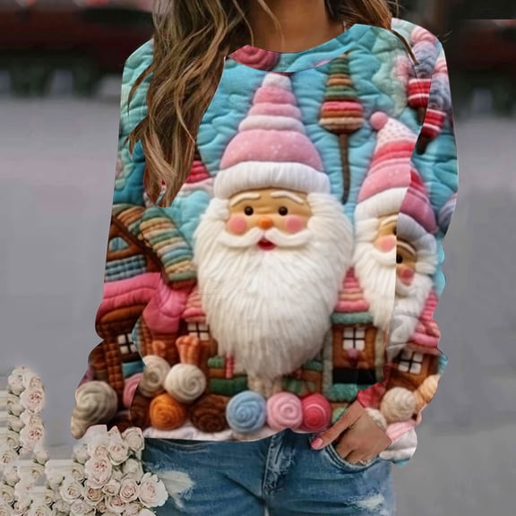 Herrnalise Womens Tops Fashion Pullover Round-Neck Long Sleeve Christmas Printed Blouses Sweatshirt Tops Gifts for Women