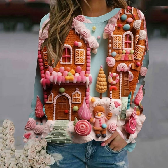 Herrnalise Womens Tops Fashion Pullover Round-Neck Long Sleeve Christmas Printed Blouses Sweatshirt Tops Gifts for Women