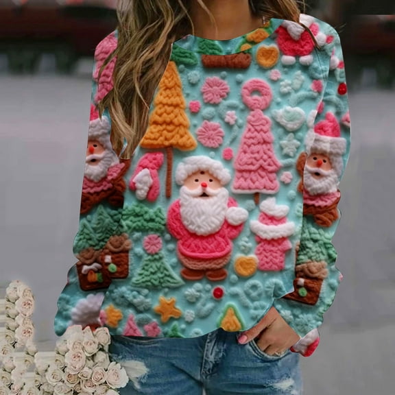 Herrnalise Womens Tops Fashion Pullover Round-Neck Long Sleeve Christmas Printed Blouses Sweatshirt Tops Gifts for Women