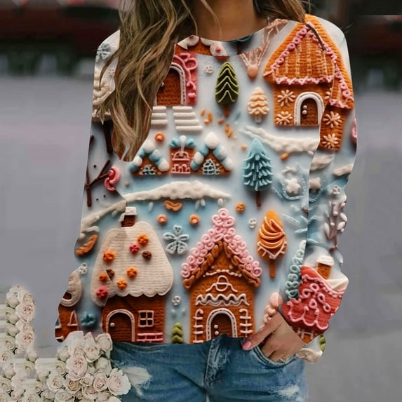 Herrnalise Womens Tops Fashion Pullover Round-Neck Long Sleeve Christmas Printed Blouses Sweatshirt Tops Gifts for Women