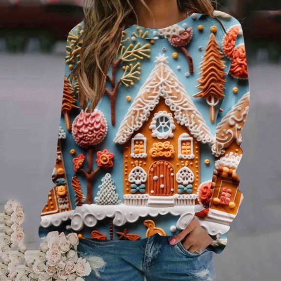 Herrnalise Womens Tops Fashion Pullover Round-Neck Long Sleeve Christmas Printed Blouses Sweatshirt Tops Gifts for Women