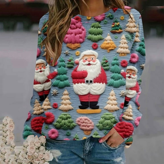 Herrnalise Womens Tops Fashion Pullover Round-Neck Long Sleeve Christmas Printed Blouses Sweatshirt Tops Gifts for Women