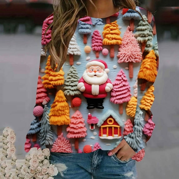Herrnalise Womens Tops Fashion Pullover Round-Neck Long Sleeve Christmas Printed Blouses Sweatshirt Tops Gifts for Women
