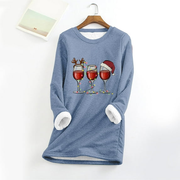 Herrnalise Womens Tops Fashion Round Neck Christmas Wine Glasses Print Thickened Plush Warm Long Sleeve Tops Gifts for Women