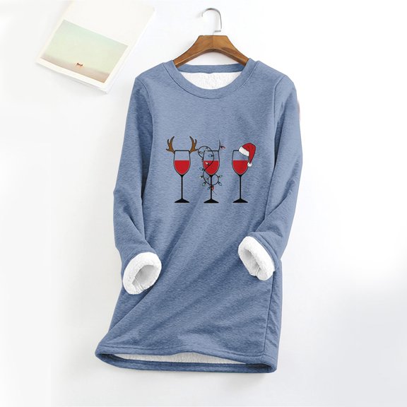 Herrnalise Womens Tops Fashion Round Neck Christmas Wine Glasses Print Thickened Plush Warm Long Sleeve Tops Gifts for Women