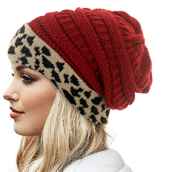 Herrnalise Womens Unisex Knit Beanie Winter Thick Leopard Fleece Lined Beanie Warm Hats