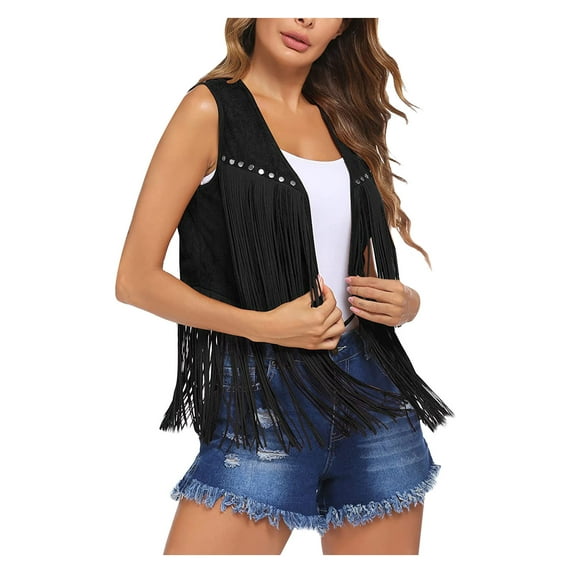 Herrnalise Womens Vintage Western Fringe Vest Tops Classic Suede Leather 70s Cowboy Shirt Sleeveless Tassels Cardigan Jackets Black M