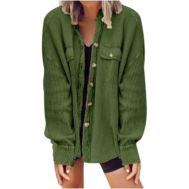 Herrnalise Womens Waffle Knit Shacket Jacket Casual Long Sleeve Button Down  Shirts Dressy Blouses Topss Solid Color Jacket With Chest Pocket Army  Green,S 