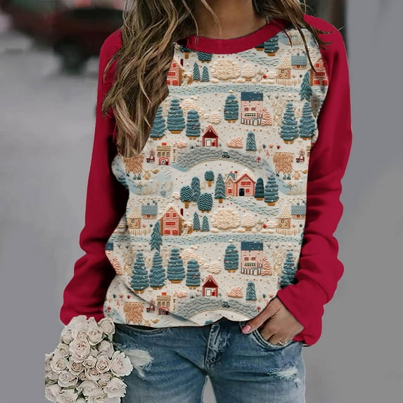 Herrnalise Womens fashion Christmas Printed Long Sleeves Blouse Round Neck Casual Tunic Tops Christmas Gifts For Women