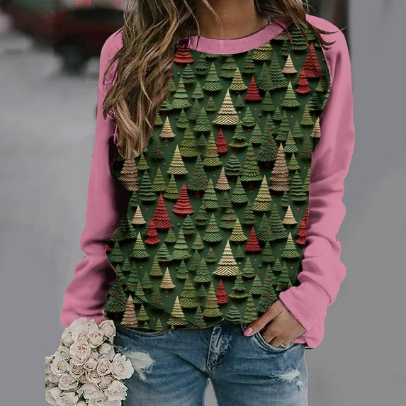 Herrnalise Womens fashion Christmas Printed Long Sleeves Blouse Round Neck Casual Tunic Tops Christmas Gifts For Women