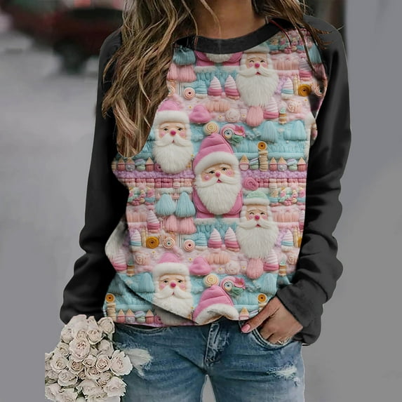 Herrnalise Womens fashion Christmas Printed Long Sleeves Blouse Round Neck Casual Tunic Tops Christmas Gifts For Women