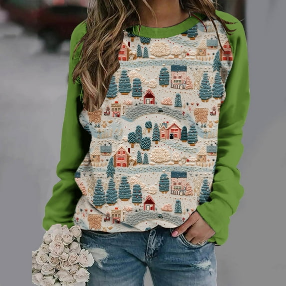 Herrnalise Womens fashion Christmas Printed Long Sleeves Blouse Round Neck Casual Tunic Tops Christmas Gifts For Women