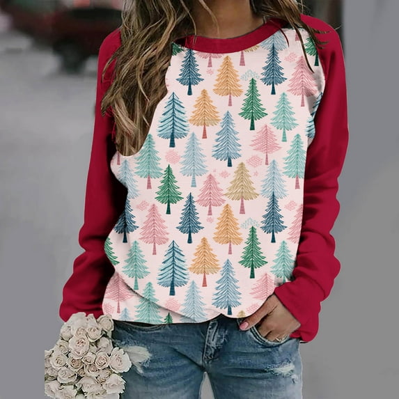 Herrnalise Womens fashion Christmas Printed Long Sleeves Blouse Round Neck Casual Tunic Tops Christmas Gifts For Women