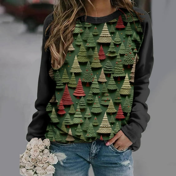 Herrnalise Womens fashion Christmas Printed Long Sleeves Blouse Round Neck Casual Tunic Tops Christmas Gifts For Women