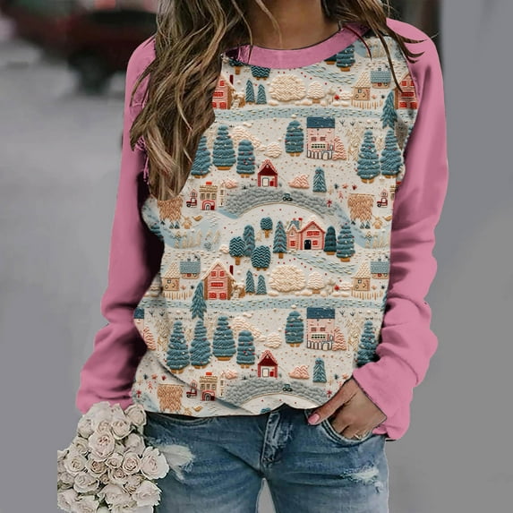 Herrnalise Womens fashion Christmas Printed Long Sleeves Blouse Round Neck Casual Tunic Tops Christmas Gifts For Women