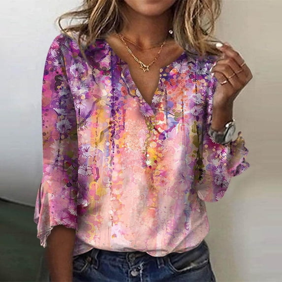 Herrnalise Womens fashion Fashion Woman V Neck Three Quarter 3/4Sleeve T Shirt AutumnBlouse Tops Sweatshirt Christmas Gifts For Women