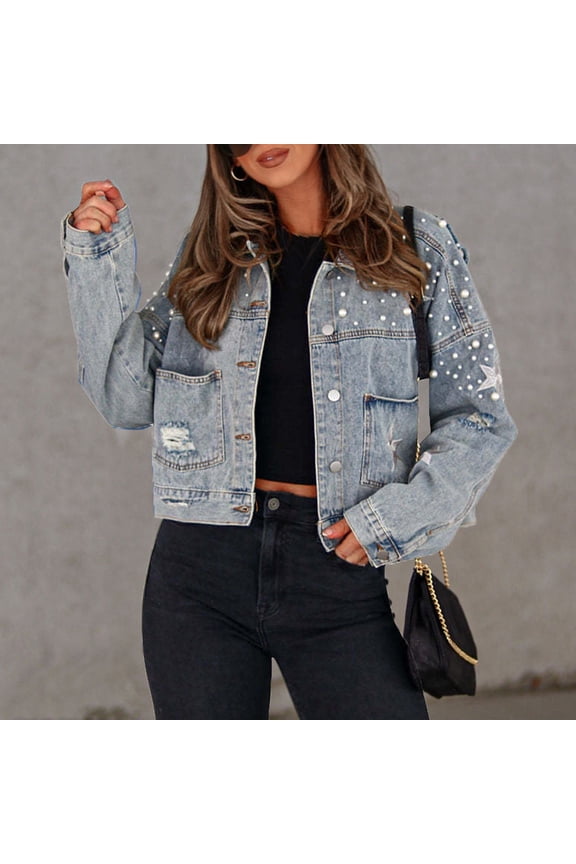 Womens fashion Jean Jacket Frayed Washed Button Denim Jacket With Pockets Christmas Gifts For Women