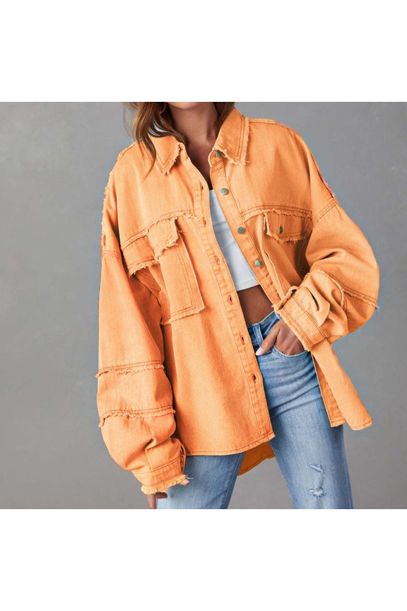 Womens fashion Jean Jacket Frayed Washed Button Denim Jacket With Pockets Christmas Gifts For Women