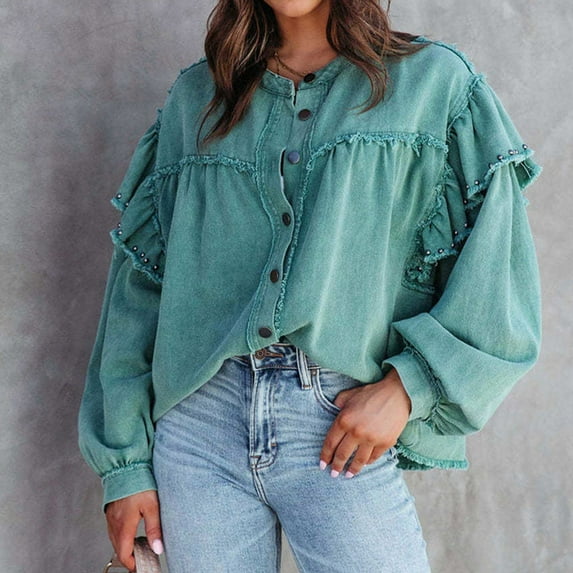 Herrnalise Womens fashion Jean Jacket Frayed Washed Button Denim Jacket With Pockets Christmas Gifts For Women